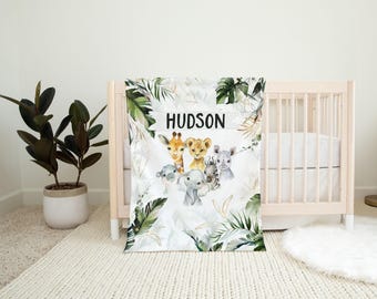 Safari Tiere Baby Jungen Decke, Monogramm Baby Decke Junge, Tropische Safari, Baby-Dusche-Geschenk, Baby Namen Decke, Safari Baby Bettwäsche