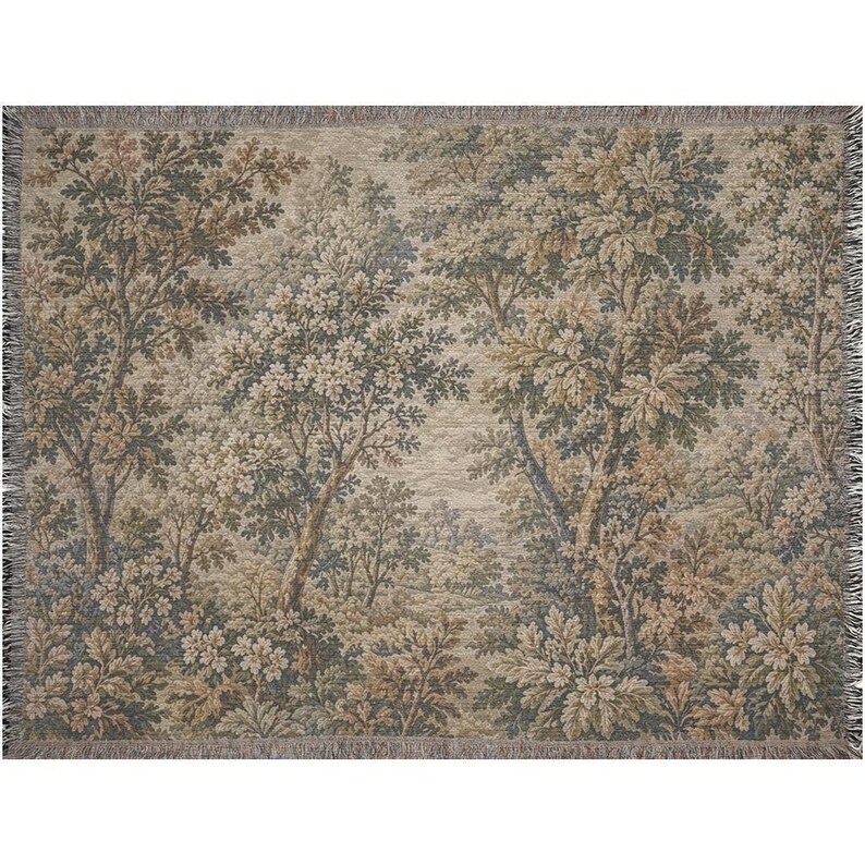 Vintage Forest Tapestry Blanket, Cottagecore Wall Hanging, Neutral Botanical Throw, Rustic Woodland Decor, Woven Nature Blanke image 7