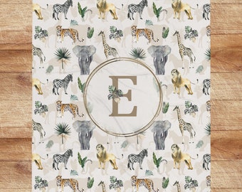 Safari jungle animals blanket/ Safari personalized gift for boy / monogram elephant giraffe blanket with monogram / Baby, Toddler Blanket
