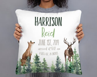 Boy Birth Stats Pillow - Buck fox Baby Pillow - Forest Animals birth stats pillow - Birth Announcement Pillow - Baby boy Gift - New Mom Gift