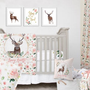 Crib Bedding Set Girl Deer, Baby Girl Crib Bedding Woodland, Pink Floral Crib Bedding, Deer Crib Bedding, Woodland Nursery, Deer Crib Sheets