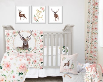 Crib Bedding Set Girl Deer, Baby Girl Crib Bedding Woodland, Pink Floral Crib Bedding, Deer Crib Bedding, Woodland Nursery, Deer Crib Sheets