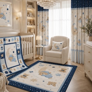 Baby Boy Nursery Decor Set, Teddy Bear Moon Nursery Bundle, Navy Blue Nursery Bedding Set, Crib Quilt Curtain Rug Pillow Set