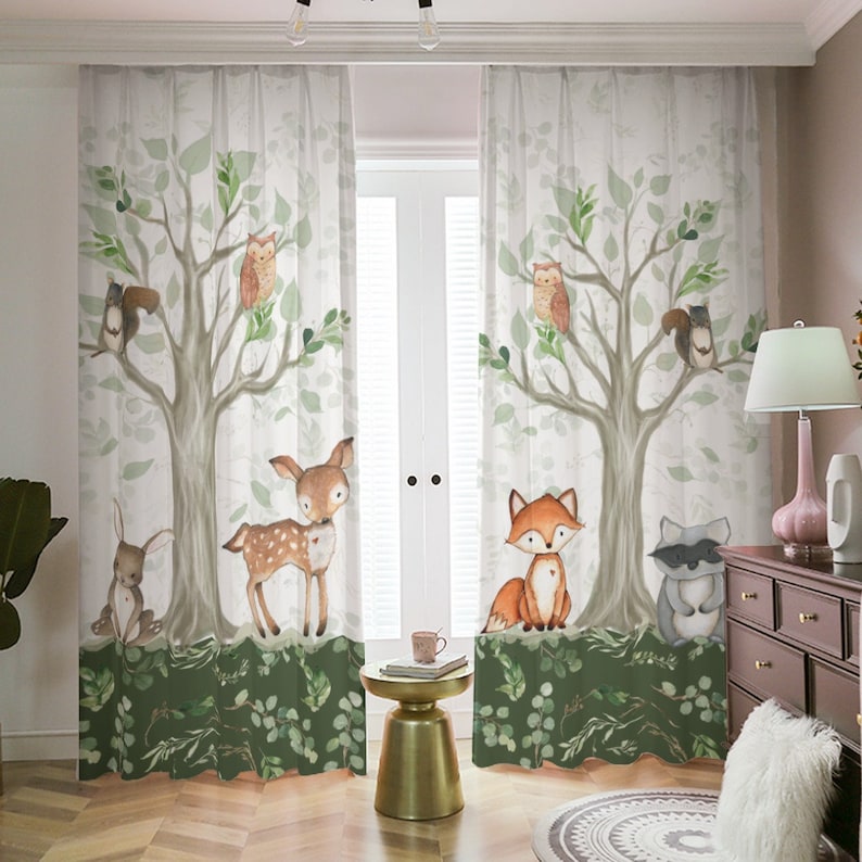 Woodland Nursery Curtains Baby Room Curtains Bear Fox Etsy