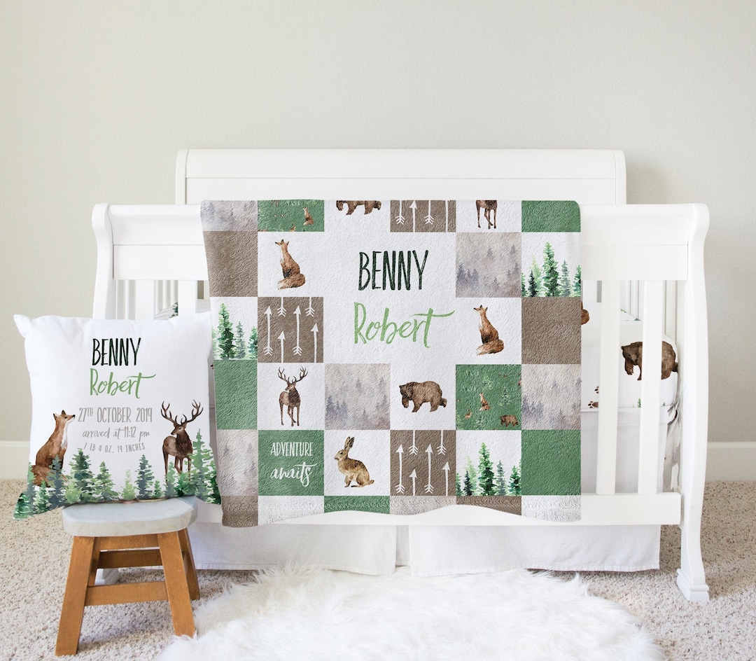 Personalized Woodland Crib Bedding Set: Bear, Fox, Deer, Bunny