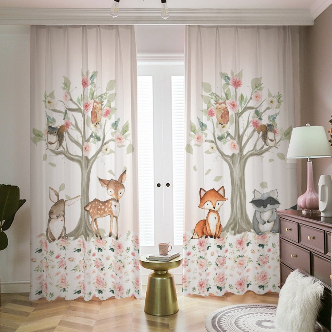 Woodland Nursery Curtains, Baby Room Curtains, Bear, Fox, Deer, Buck