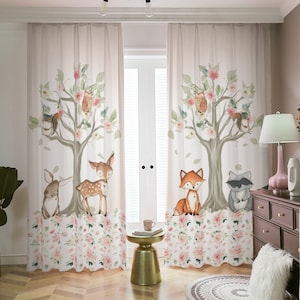 Woodland Nursery Curtains: Bear, Fox, Deer, Floral Baby Room Decor