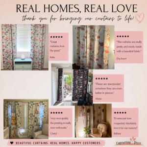 The image is a collage of six images showcasing various curtains and their positive reviews. The curtains are described as beautiful, real homes, and the reviews express appreciation for the curtains' quality and design.