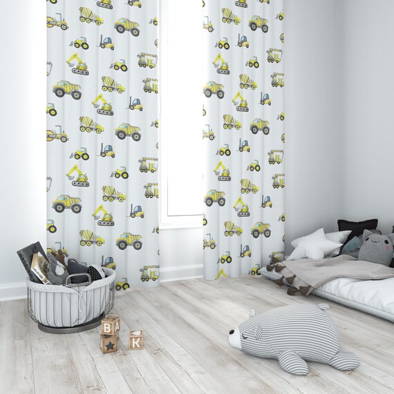 Construction Themed Curtains For Boys Room - Bulldozer & Dump Truck Bedroom Decor 82 Inch Wide