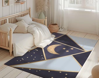 Moon and Stars Area Rug: Gold & Blue Nursery Carpet