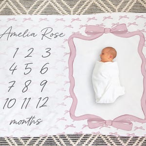 Manta de moños para niña, manta rosa para el mes del bebé, regalo personalizado para baby shower de niña, habitación de bebé niña, regalo para nueva mamá