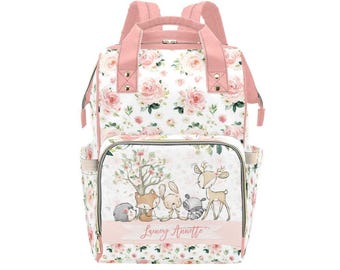 Mochila pañalera personalizada con diseño de bosque: bolso de bebé con flores