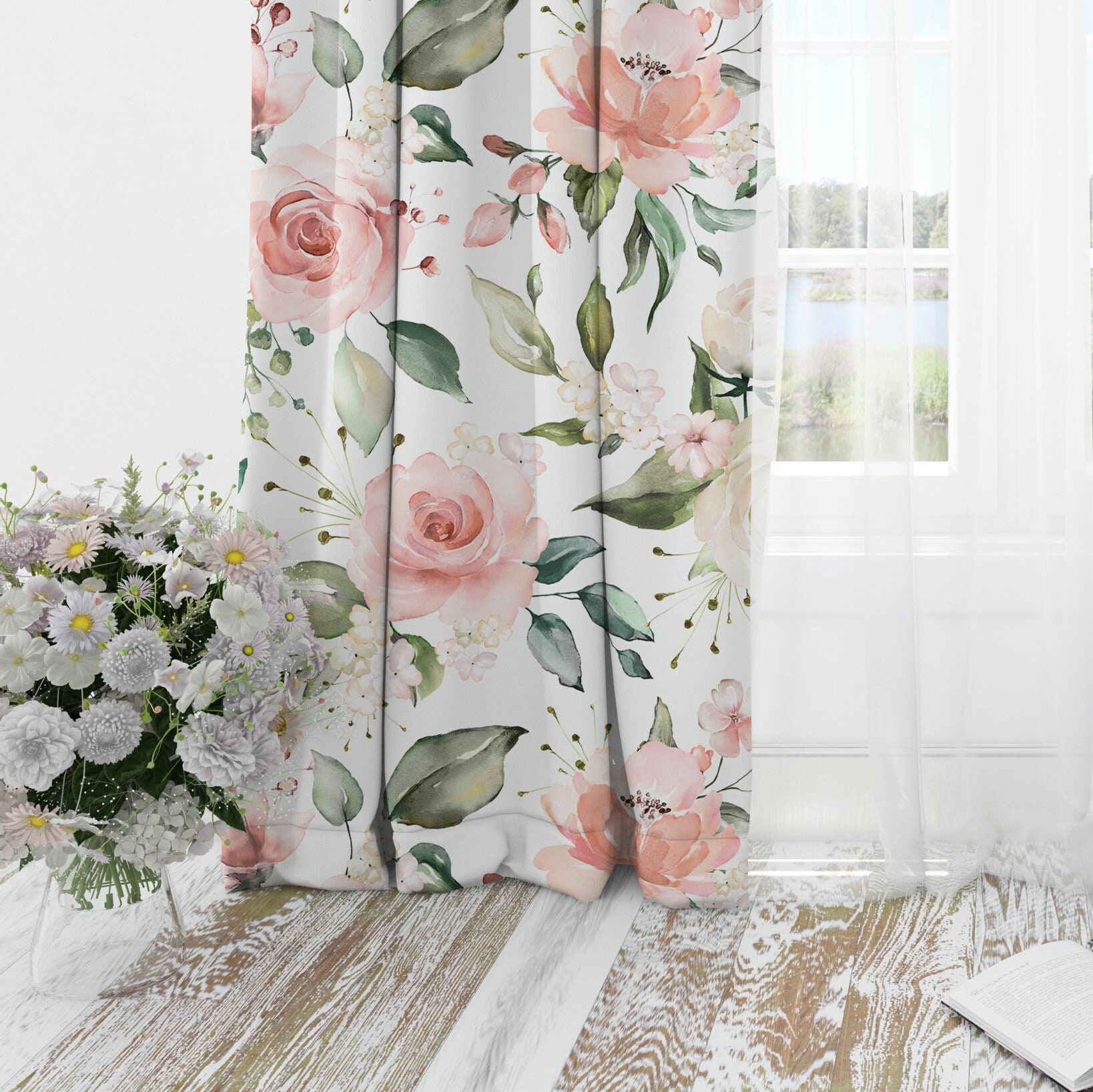 Pink Floral Window Curtains Nursery Drapes, Roses Flowers Girl