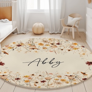 Runder Wollteppich mit Wildblumen Motiven, Beige Wildblumen Teppich Kinderteppich, Kinderteppich, Kinderteppich