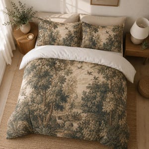Vintage Toile Duvet Cover Set, French Country Crane Bedding, Botanical Forest Cottagecore Comforter Cover, Neutral Bed Set