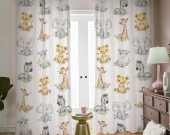 Safari Animals curtains, Africa baby animals curtains, baby room curtains, blackout custom curtain, elephant lion curtains, giraffe curtains