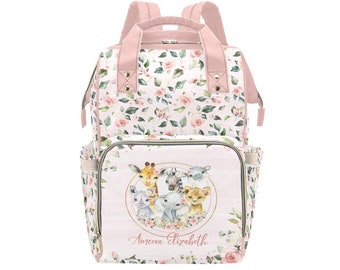 Personalized Floral Safari Diaper Backpack - Monogrammed Baby Bag