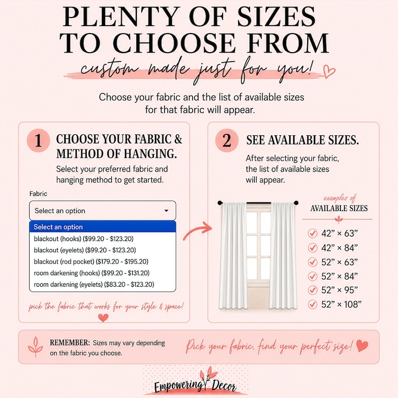 The image is a promotional graphic for a fabric store, featuring a variety of fabric sizes available for customers to choose from.