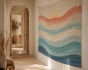 Tapiz de pared grande de lino, arte textil de puesta de sol costera, tapiz de tela boho para colgar en la pared, tapiz de olas del océano, decoración neutra para el hogar, casa de playa