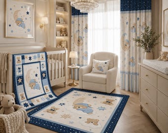 Baby Boy Nursery Decor Set, Teddy Bear Moon Nursery Bundle, Navy Blue Nursery Bedding Set, Crib Quilt Curtain Rug Pillow Set