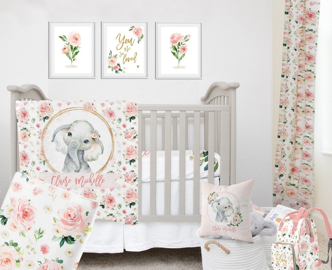 Buy Floral Girl Crib Bedding With Elephant, Elephant Baby Bedding Set,blush  Pink, Rose, Personalized Baby Blanket, Girl Nursery, Crib Sheet Online in 