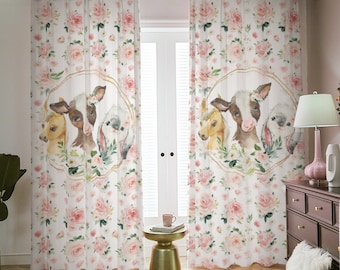 Farm Animals Nursery Curtains, blush pink curtains for nursery, nursery curtains girl blackout, baby girl floral curtains, curtains panels