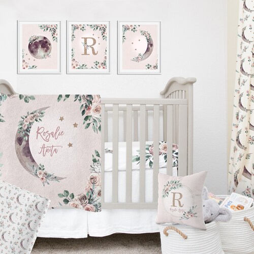 Crib Bedding Set Girl Moon and Stars Crib Bedding Set Roses Etsy