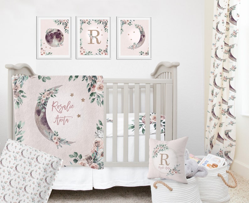 Crib Bedding Set Girl Moon and Stars Crib Bedding Set Roses Etsy