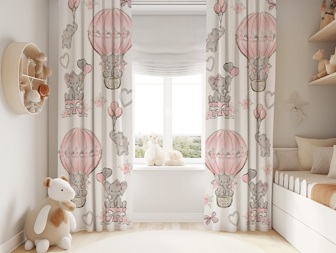 Elephant Pink Nursery Curtains for Girls Room, Elephant Hot Air Balloon