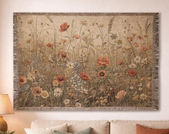 Wildflower Meadow Tapestry Wall Hanging, Vintage Floral Wall Decor, Boho Cottagecore Wall Art, Botanical Blanket Tapestry, Rustic Decor