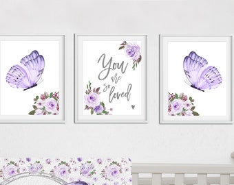 Purple Butterflies Floral Nursery print, Nursery Wall art, Butterflies Wall art for Girl&#39;s room, nursery framed art, nursery room decor
