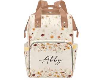 Wildflowers gepersonaliseerde luiertas met palmbladeren, babytas, gepersonaliseerde rugzak, multifunctionele rugzak, verwacht moedercadeau