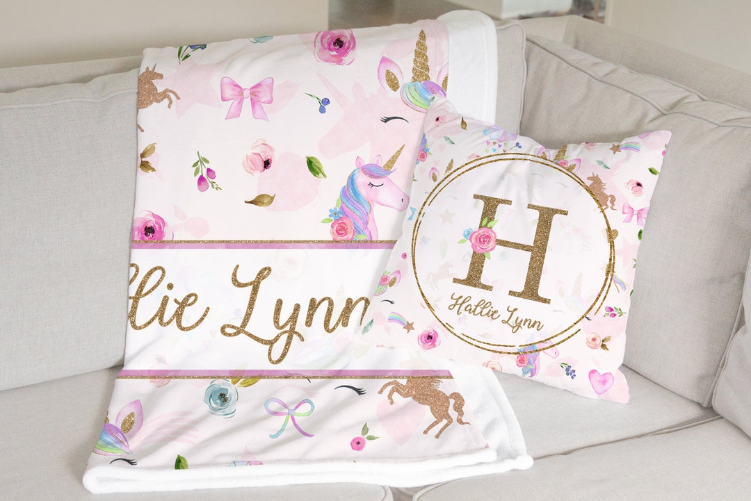 Unicorns Blanket and Pillow Set, Gift for 1st Birthday for Girl