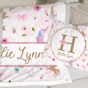 Unicorns blanket and pillow set, Gift for 1st birthday for girl, Unicorns birthday gift, gift for toddler, daycare blanket and pillow