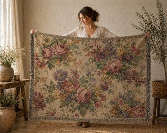 Arazzo floreale vintage da appendere alla parete, coperta in stile cottagecore, plaid shabby chic, decorazione murale boho, biancheria da letto in stile country francese, arredamento in stile rustico