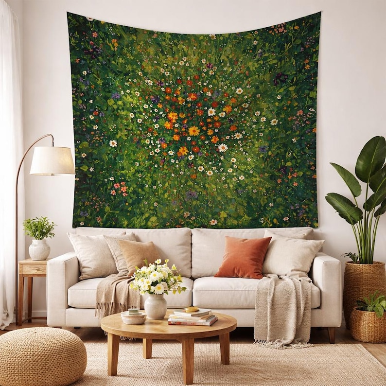 Tapiz de prado de flores silvestres, tapiz floral verde, tapiz botánico, decoración de habitación estilo cottagecore, arte mural natural, tapiz bohemio para dormitorio imagen 3