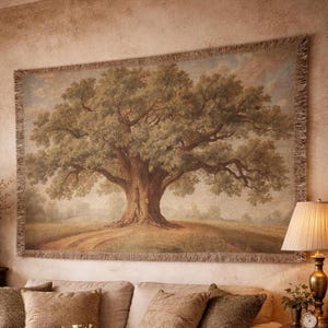 Vintage Oak Tree Tapestry Wall Hanging, Rustic Cottagecore Wall Decor, Nature Landscape Woven Blanket, Farmhouse Wall Art, Boho Room Decor