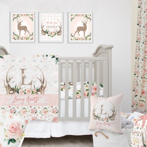 Antlers Crib Bedding Set, Baby Girl Crib Bedding, Deer Personalized Baby Girl Bedding, Deer Nursery Bedding, Woodland Girl Bedding Set