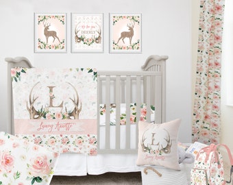 Antlers Crib Bedding Set Baby Girl Crib Bedding Deer Personalized Baby Girl Bedding Deer Nursery Bedding Woodland Girl Bedding Set Etsy