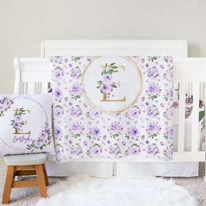 Floral Girl Crib Bedding, Purple Roses Baby Bedding Set, Purple, Lavender, Lilac, Personalized Baby Blanket, Girl Nursery, Crib Sheet