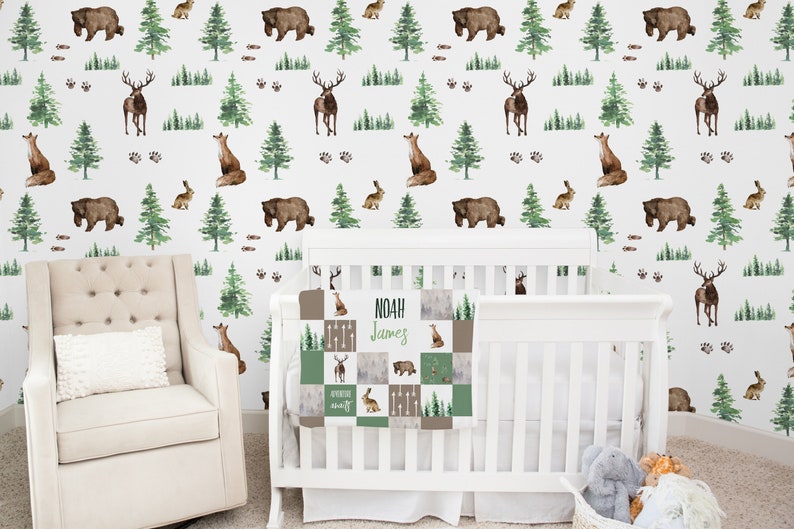 Woodland Nursery Wallpaper Forest Animals Wallpaper Bear Etsy