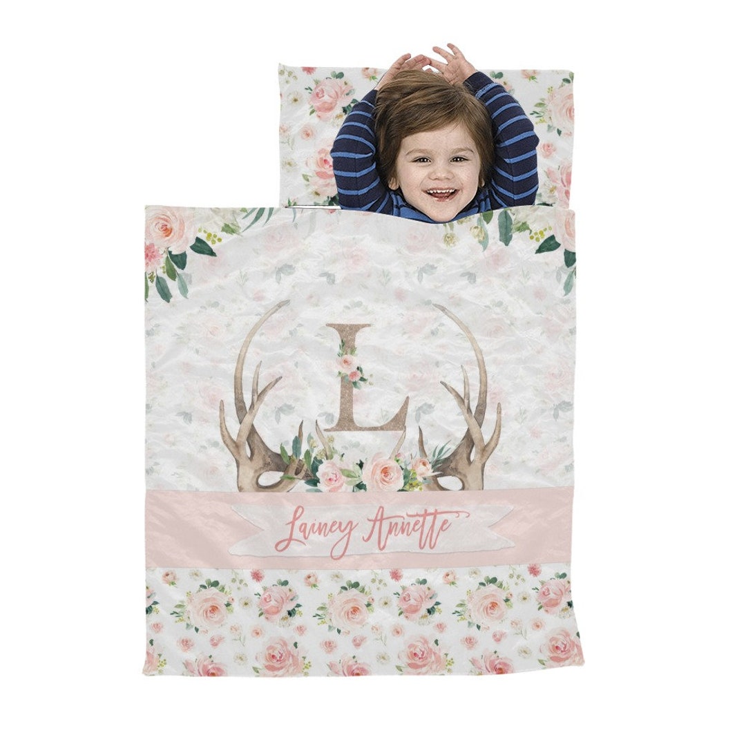 Personalized Sleeping Bag Gift for Girl, Custom Antlers Baby Sleeping Bag, Monogram Pink Florals