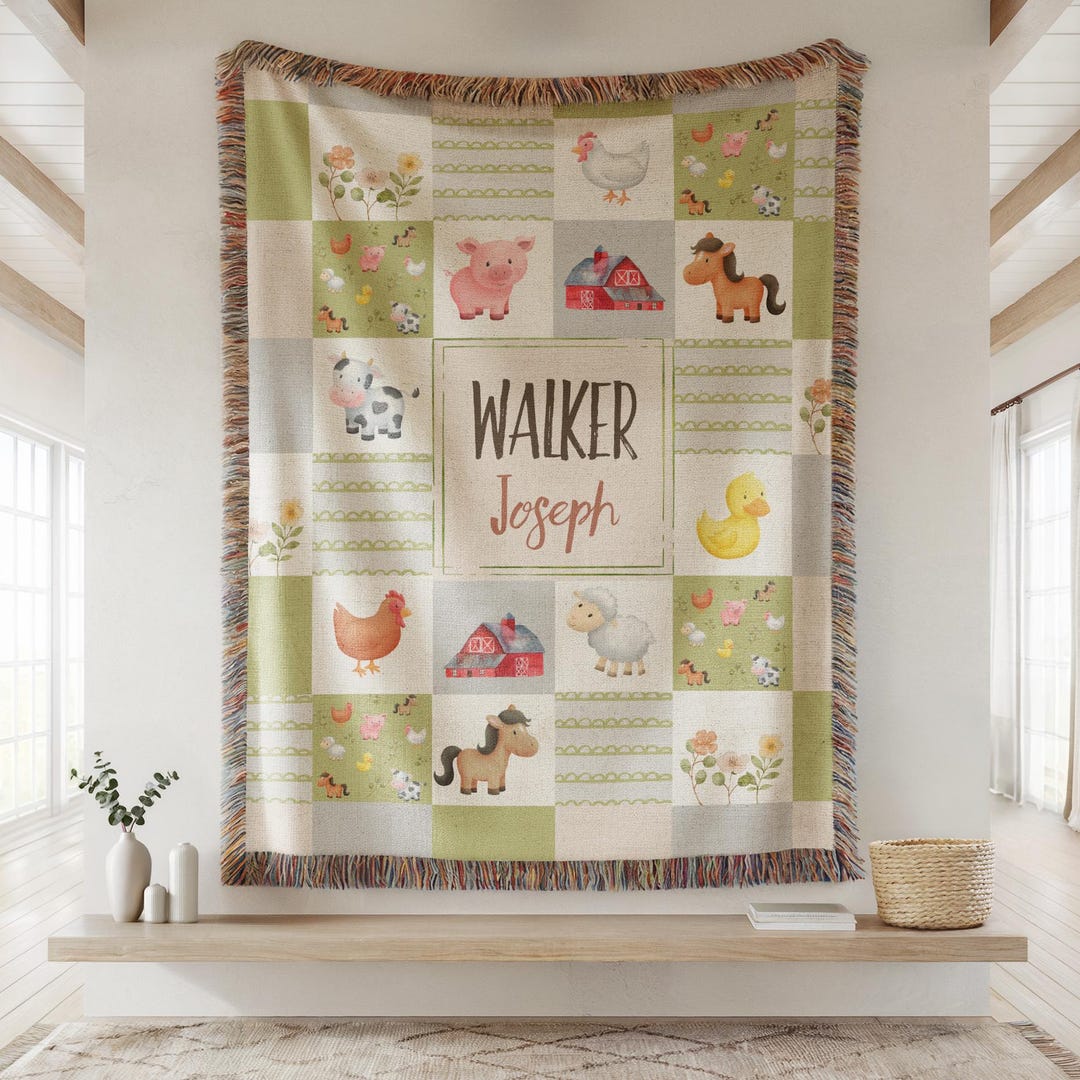 Farm Animals Woven Blanket, Farmhouse Pattern Tapestry, 100% Cotton ...