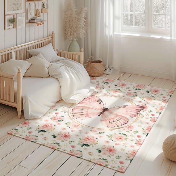 Pink Butterfly Area Rug: Modern Floral Nursery Carpet