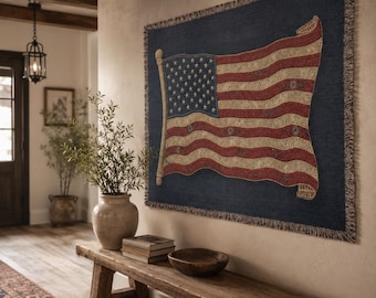 Vintage wandtapijt Amerikaanse vlag, rustieke patriottische muurhanger, geweven deken Amerikaanse vlag, decor boerderij Americana, marineblauwe rustieke muurkunst