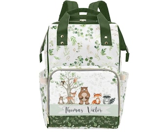 Mochila pañalera personalizada con animales del bosque: regalo para futuras mamás