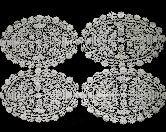 4 FIGURAL POINT De VENISE Lace Placemats. Set of Vintage Italian Needle
