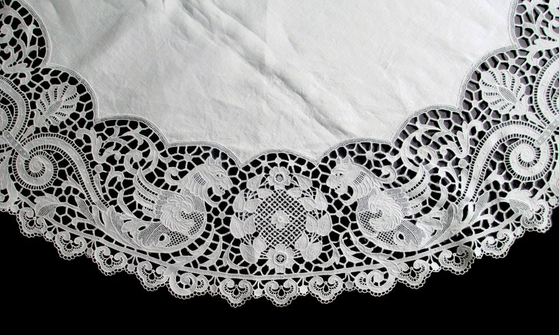 RARE FIGURAL LACE tablecloth One-of-a-kind medieval elegant Richelieu 37 round white linen with cutwork mythical merlion dragon mermaid