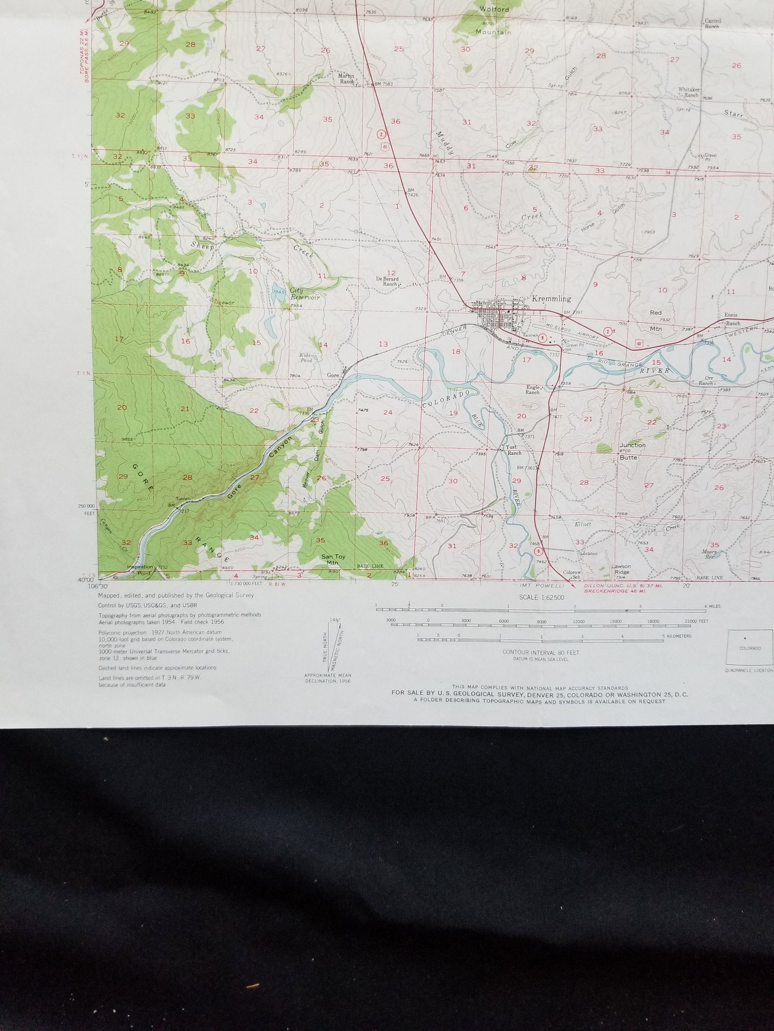 Antique KREMMLING COLORADO Topo Map. Vintage 1956 USGS Map for Framing