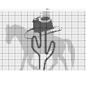 May include: Black and white pixel art cross stitch pattern of a cowboy riding a horse. The pattern is on a grid with numbers for each square.
